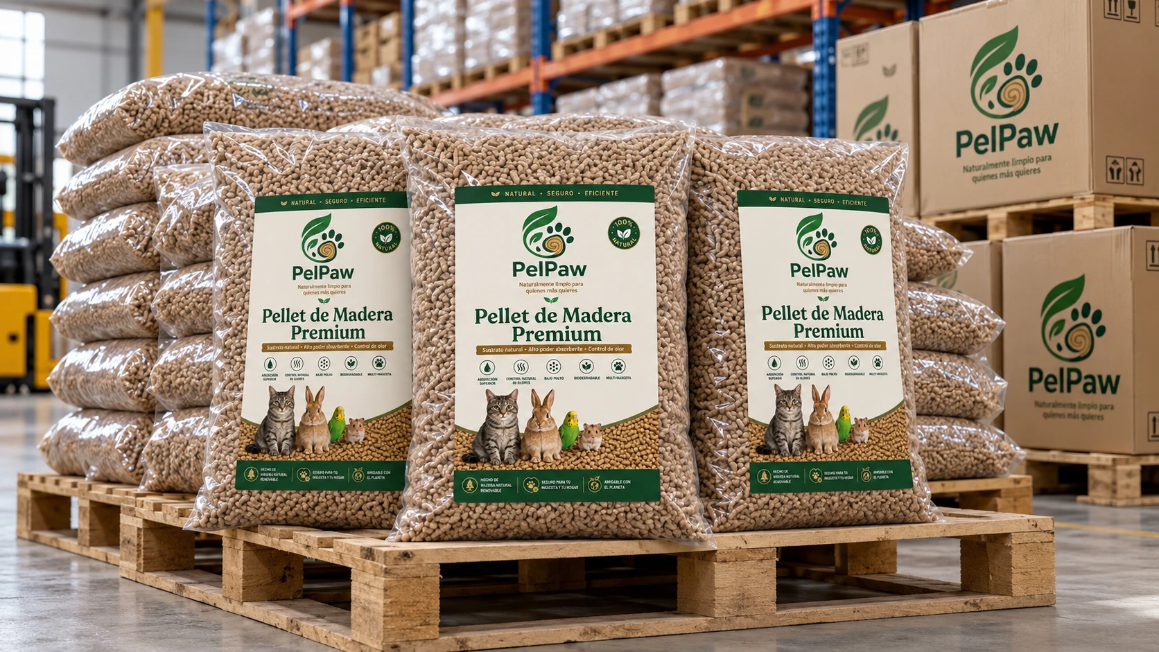 Bolsas de PelPaw en tarimas, listas para distribución