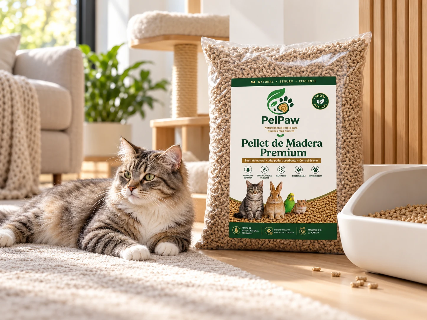 Gato recostado junto a una bolsa de PelPaw Pellet de Madera Premium en una sala luminosa